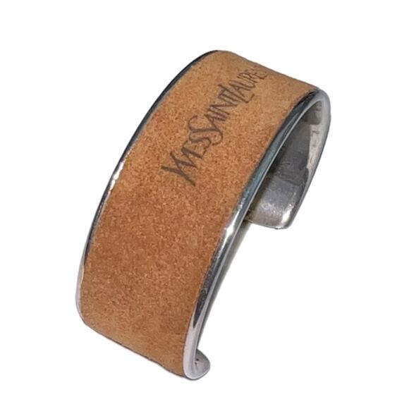 AUTH VTG Yves Saint Laurent YSL Sterling Silver Suede Leather Logo Cuff Bracelet - Picture 14 of 16